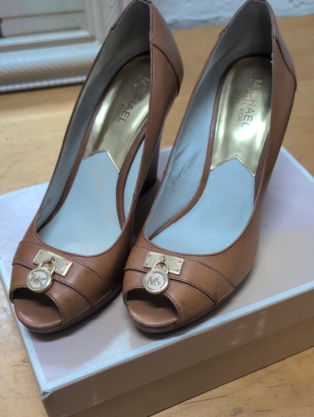 Michael Kors Brown Leather Peep-Toe Heels with Gold MK Charm